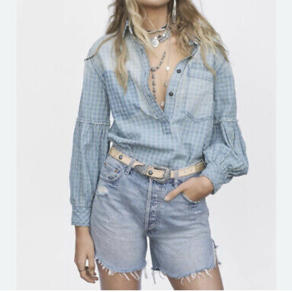 Light Blue and White 3/4 Sleeve Relaxed Button Down Top